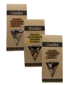 QUOKA Glutensiz, Rafine Şekersiz Tahinli+Zencefil+Fıstık ezmeli, Kurabiye 3 paket x 80gr