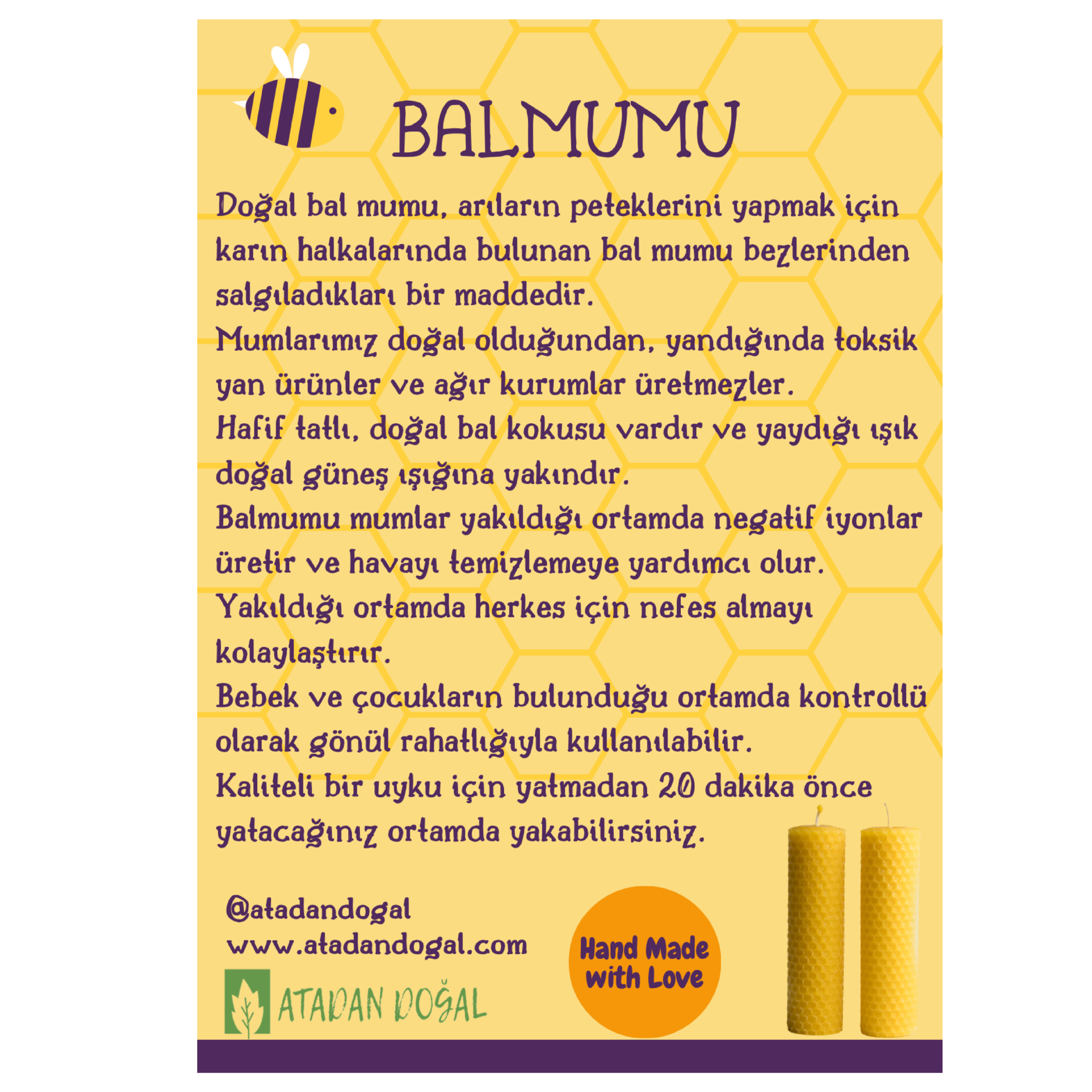 ARI GÜCÜ Balmumu Mum El Yapımı Doğal Kalpli Mum 4 Adet 3 cm x 3 cm - Görsel 2